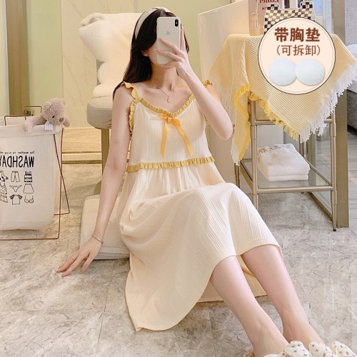 Real shot  summer solid color condole belt knitted cotton sexy nightgown women's belt chest pad