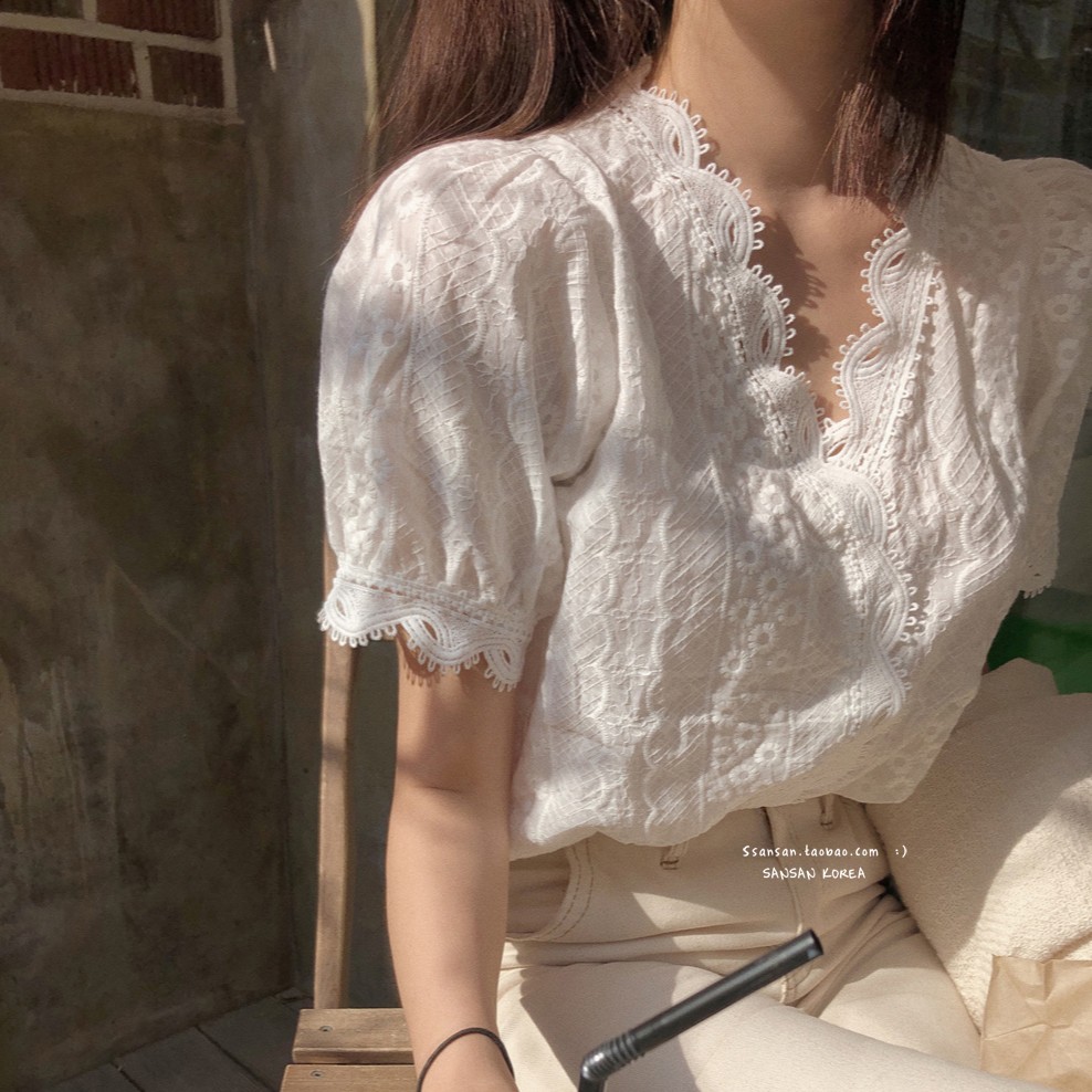 Design sense Vintage sweet lace collar short sleeve pullover shirt women's short top