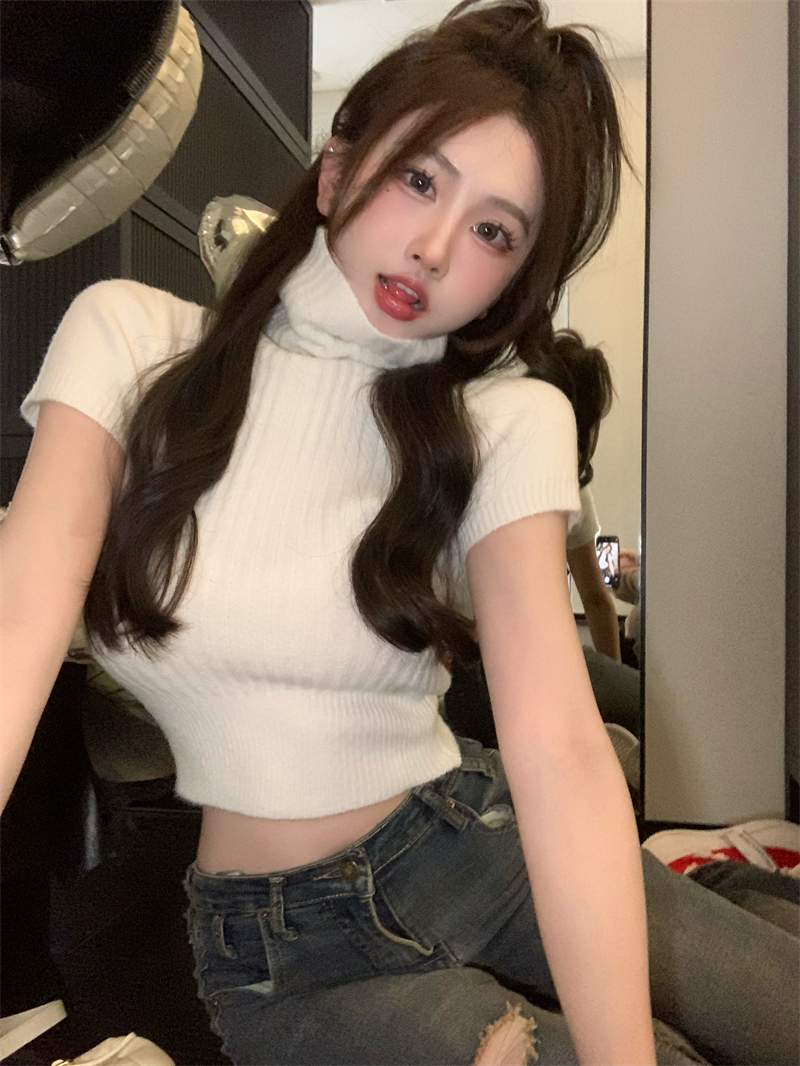 Real shot real price high-necked slim bottoming shirt women's spring and summer short-sleeved tight-fitting high-end short top