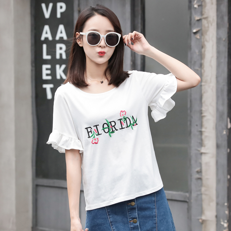 Spring 2021 new school style sweet short sleeve T-shirt women's loose top with thin embroidery