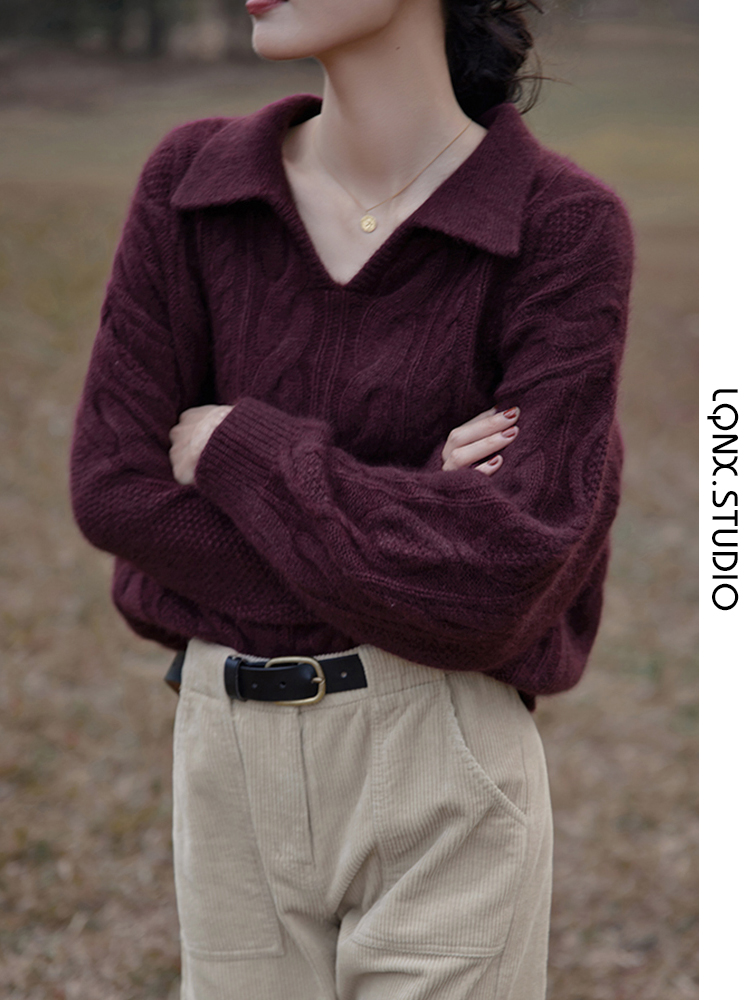 Twist polo collar sweater women's autumn and winter all-match loose Korean version retro short long-sleeved knitted sweater top women