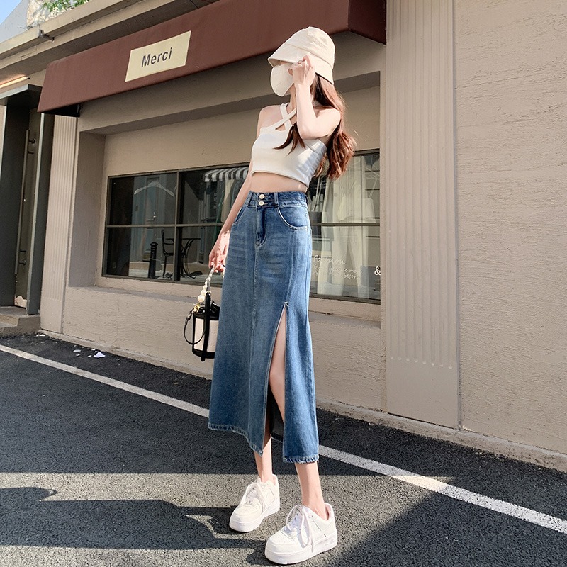 Real time split middle and long high waist half length A-line hip wrapped denim skirt