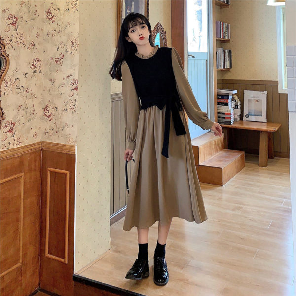 Vintage fake two-piece skirt women's dress medium long sleeve French temperament dress