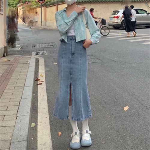 Retro High Waist split fishtail denim skirt women's summer Korean version new ins versatile medium length slim wrap hip skirt