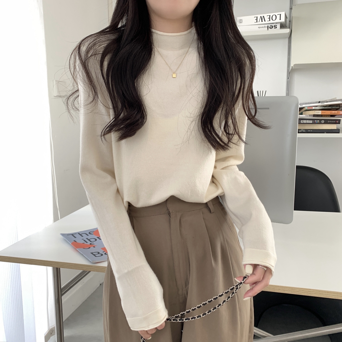 Autumn and winter Korean style long-sleeved inner sweater sweater basic half turtleneck rolled hem bottoming shirt