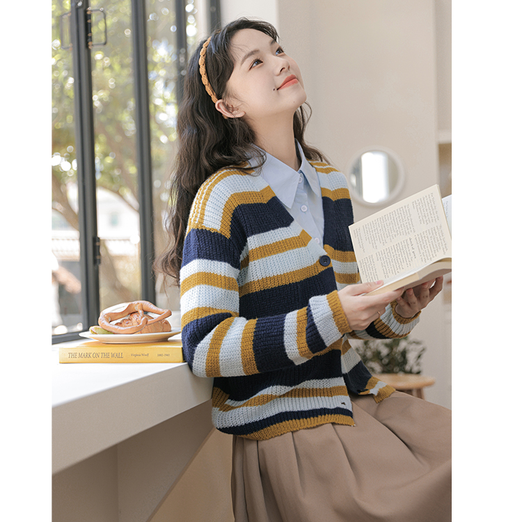 Real shot autumn and winter new striped thin sweater cardigan top women's Korean needle sweater cardigan coat women