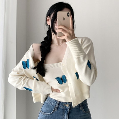 Korean autumn French slim fit with suspender vest embroidered butterfly knitted sweater two piece female set
