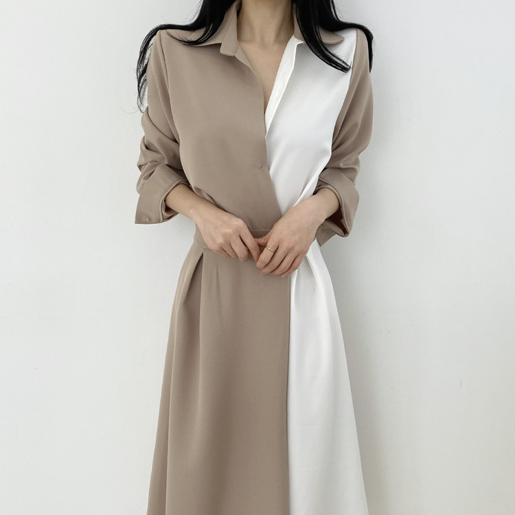 Korean chic Lapel contrast panel design with one button at the waist middle long long sleeve dress women