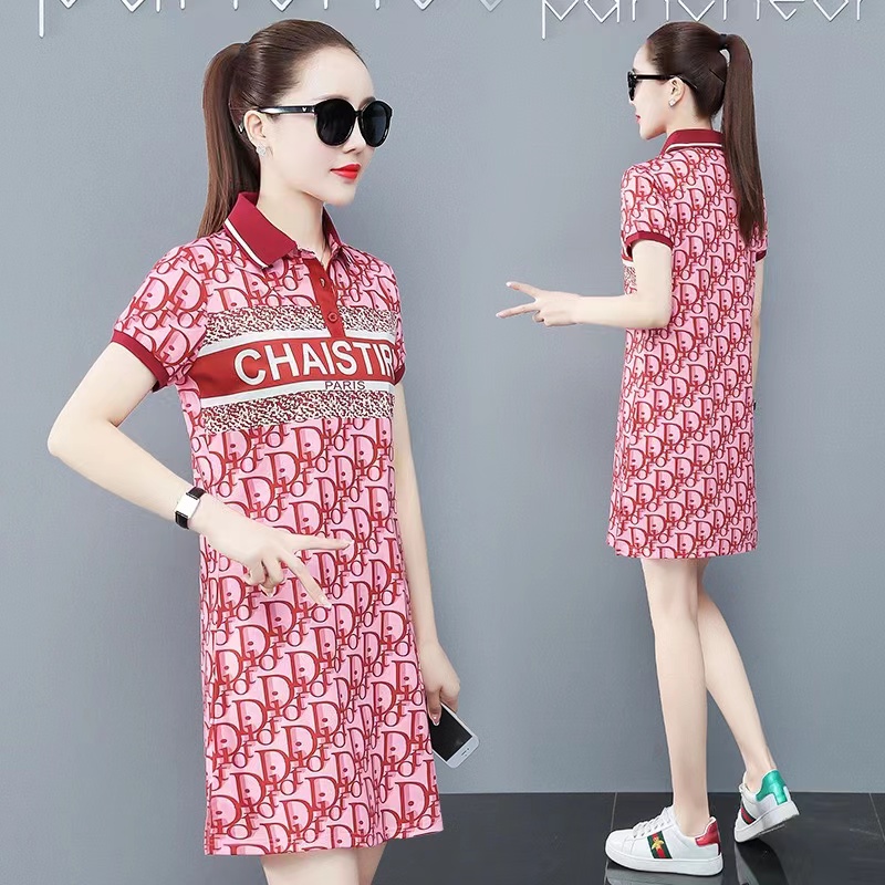 Collar mid length dress women's summer new style foreign style age reducing style casual short sleeved T-shirt skirt fashion