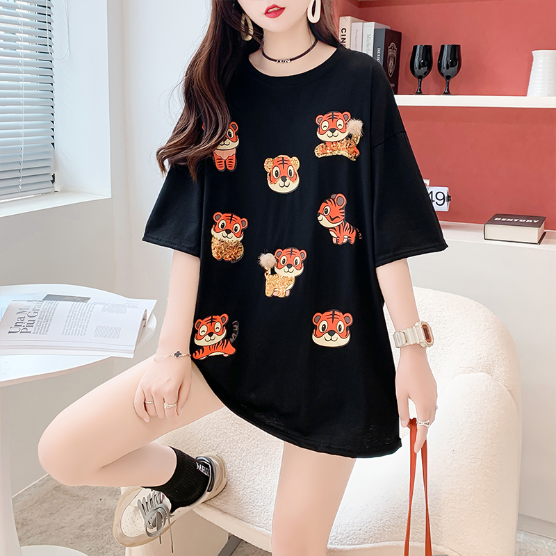 Real shot-summer mid-length print embroidery sequins new summer large size short-sleeved t-shirt for women
