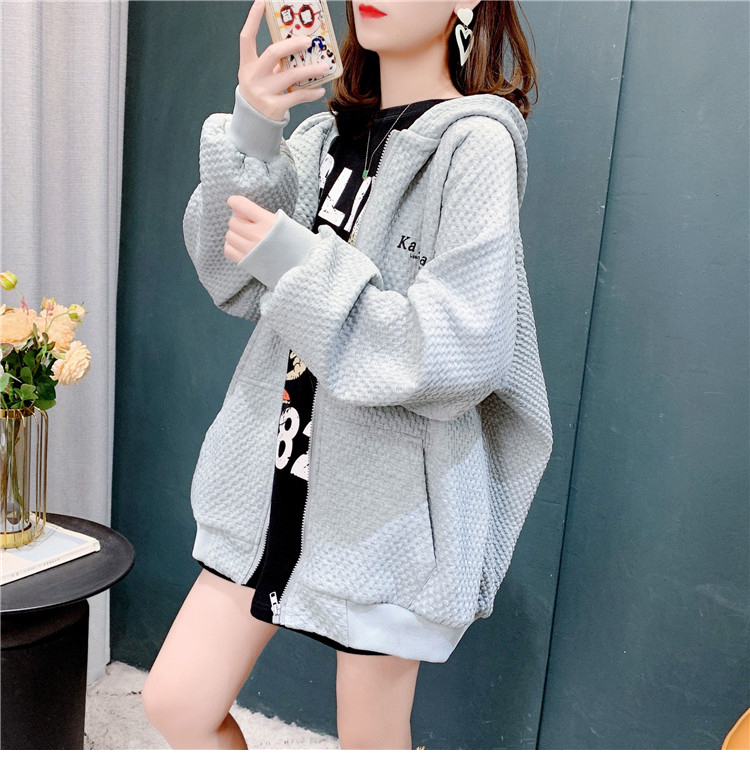 Official picture 2023 spring waffle honeycomb lattice 320g thin section lazy style hooded jacket women
