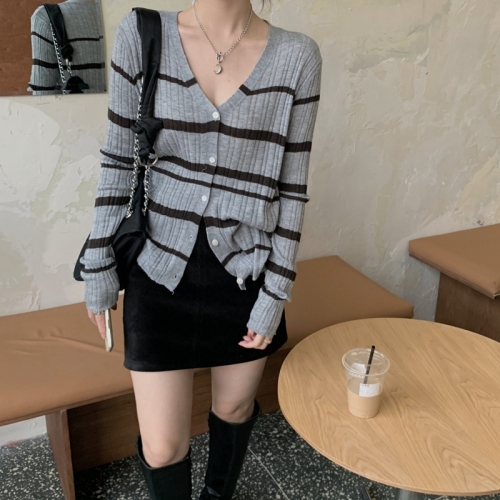 Real shot real price Korean version versatile loose and lazy style sweater soft glutinous V-neck color matching striped knitted cardigan