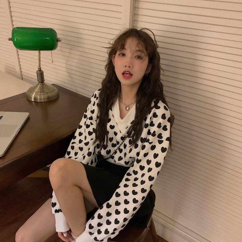 Short sweater women's spring Korean style new hot girl collar love print design long-sleeved top