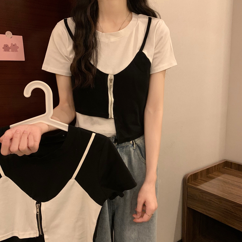 Real shot 6535 cotton summer new short-sleeved fake two-piece suspender stitching T-shirt women's zipper short top tide
