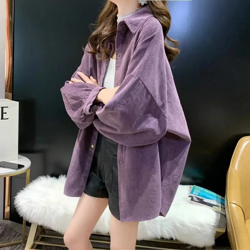 Corduroy shirt women's 2022 spring and autumn long-sleeved loose lazy top shirt women's all-match coat