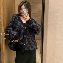 2020 Hong Kong style new loose V-neck Lingge sweater coat women's medium length black knitted cardigan top