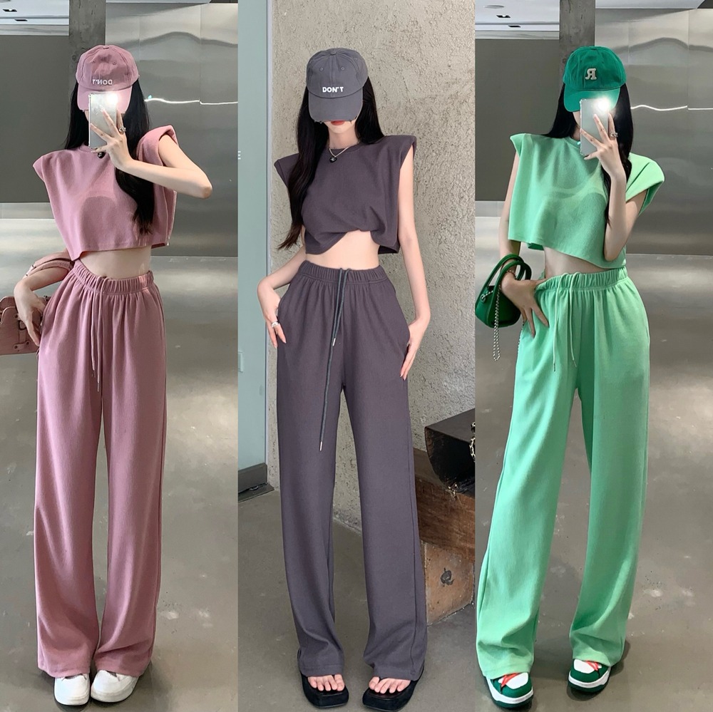 Solid color vest short top High Waist Wide Leg casual pants two piece set women's new summer fashion suit trend