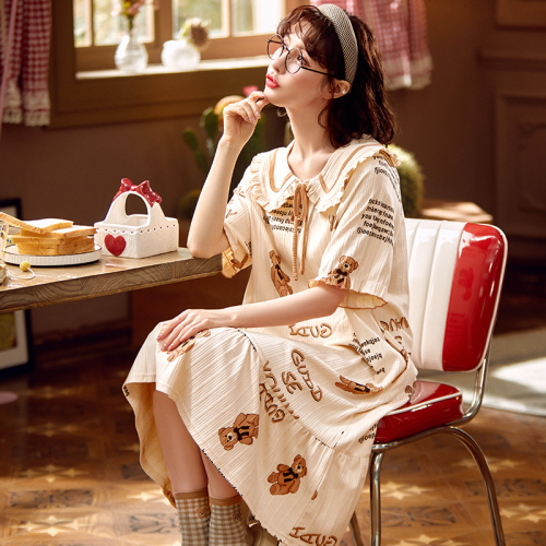 Women's summer combed cotton short sleeve mid length dress Korean casual cartoon pajamas