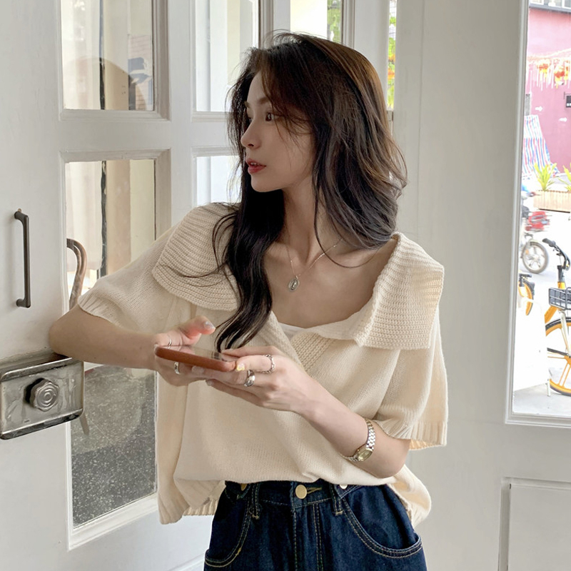 Chic Korean style short-sleeved top clothes female design sense niche 2023 new summer French short-sleeved T-shirt female ins tide