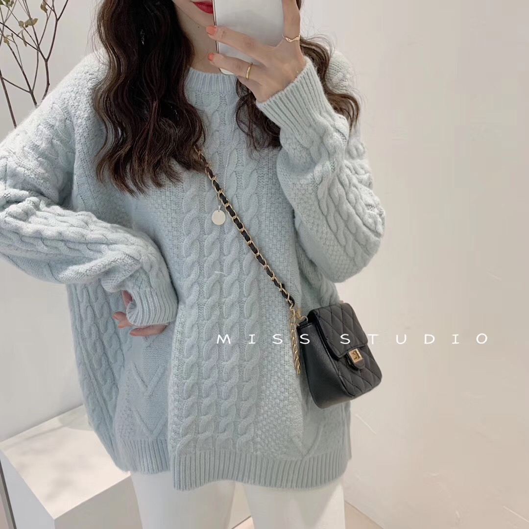 Korean chic Pullover round neck lazy wind warm twist round neck twist wool loose sweater