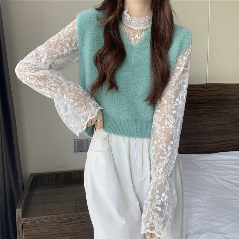 Real price Korean style sweet mink soft Mohair vest vest vest + versatile embroidery lace shirt