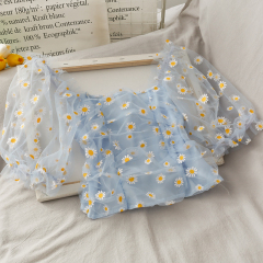 Small fresh square neck screen printing high waist short sleeve