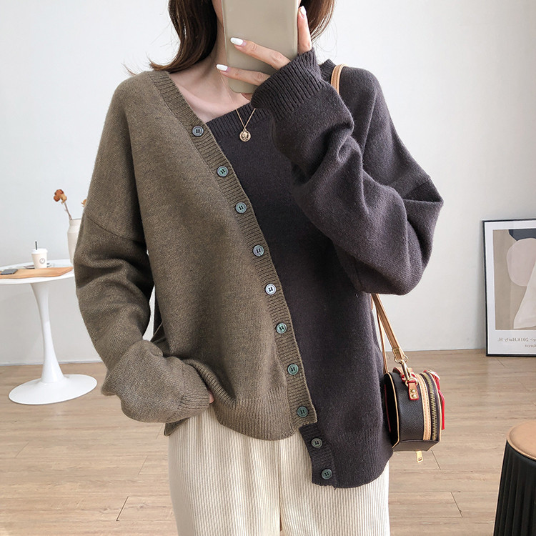 Irregular oblique button design sense of contrast color long sleeve sweater women's 2021 Korean loose and thin sweater bottoming shirt