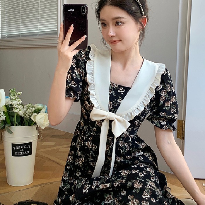French Navy neck black floral dress women's bow summer dress