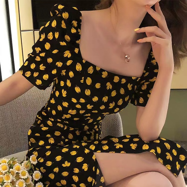 Bubble sleeve floral dress women's summer new French romantic retro square neck one shoulder open back split skirt