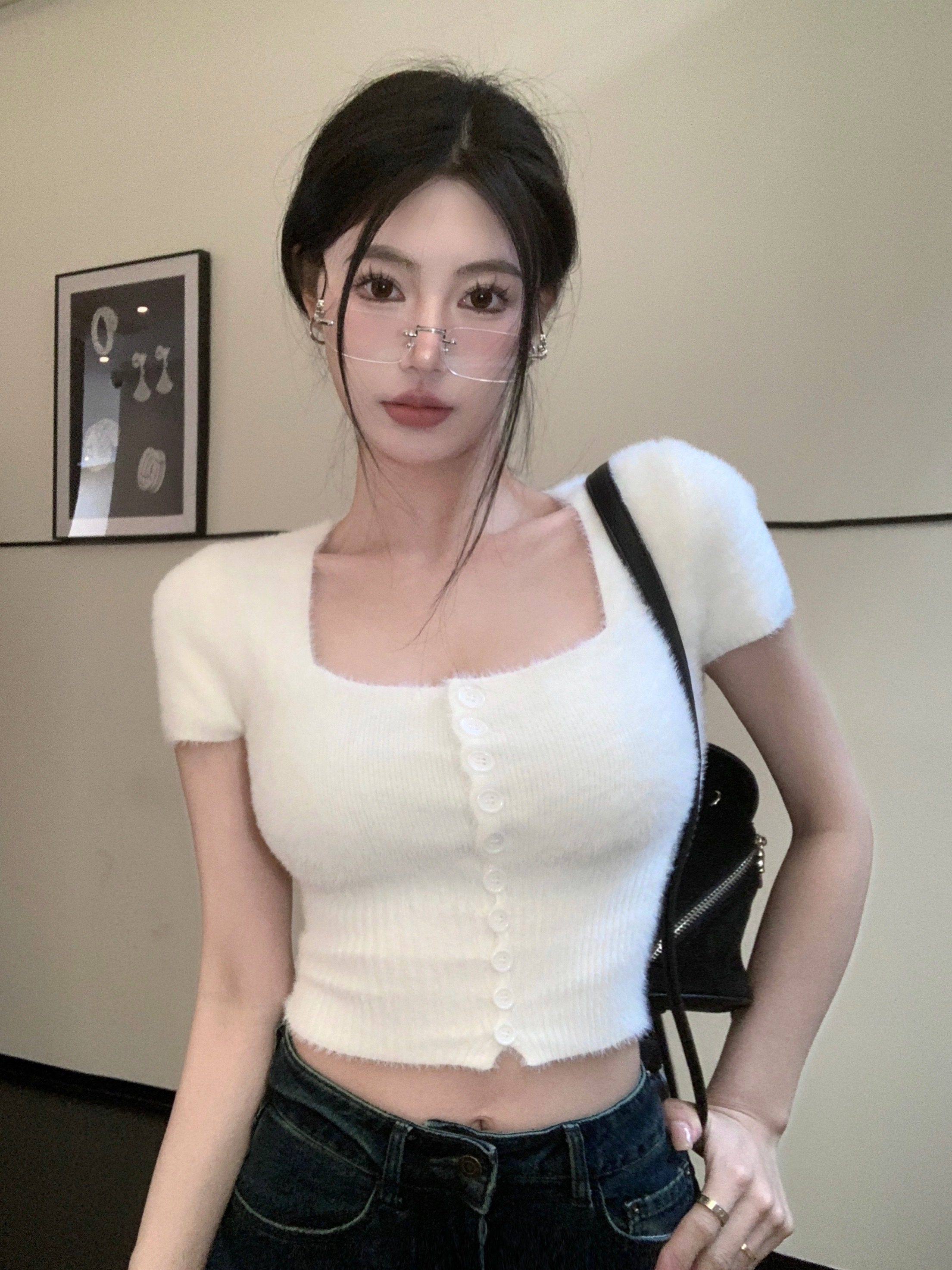 Real shot real price Ins soft waxy simple all-match knit short short-sleeved square collar slimming single-breasted top