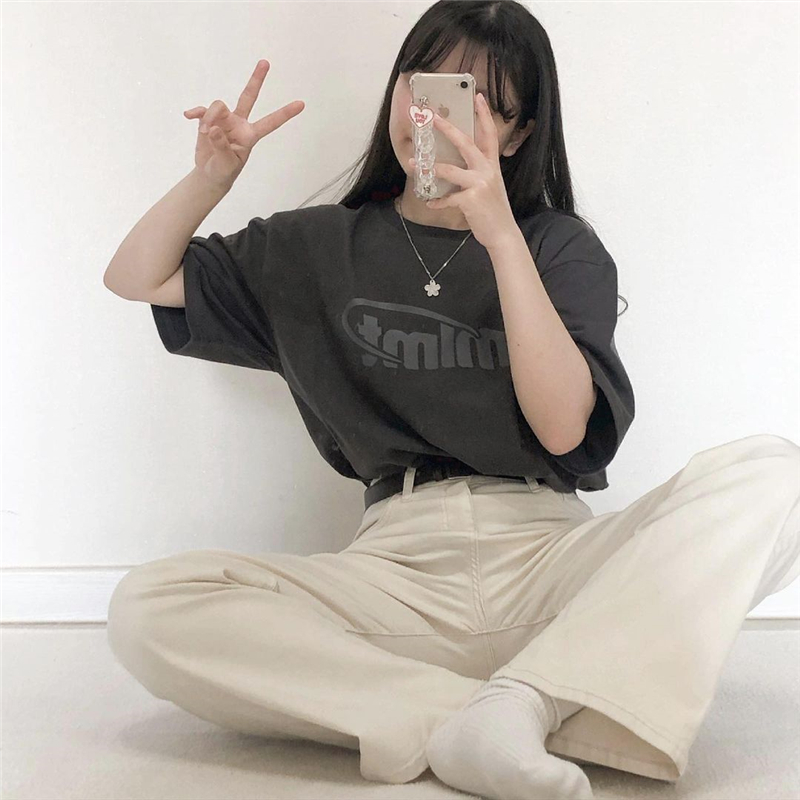 Protected ~ simple retro letter print dark grey Short Sleeve T-Shirt Top Korean Girls Summer