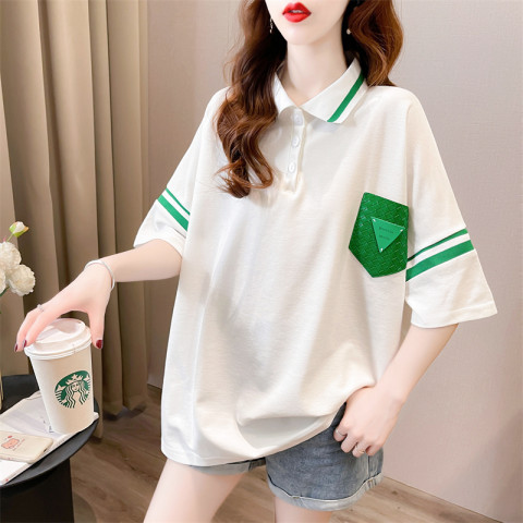 Real shot 65 pull frame mid-length design leather pocket POLO collar short-sleeved loose T-shirt women's fashion