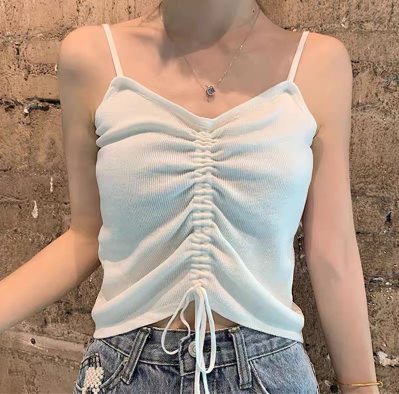 Design sense drawstring suspender vest women's 2021 summer new Korean slim V-neck knitted sleeveless top
