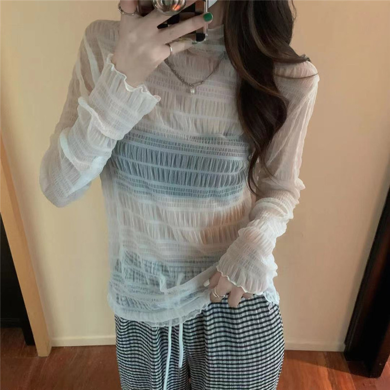 Korean new mesh high neck thin lace with long sleeves inside