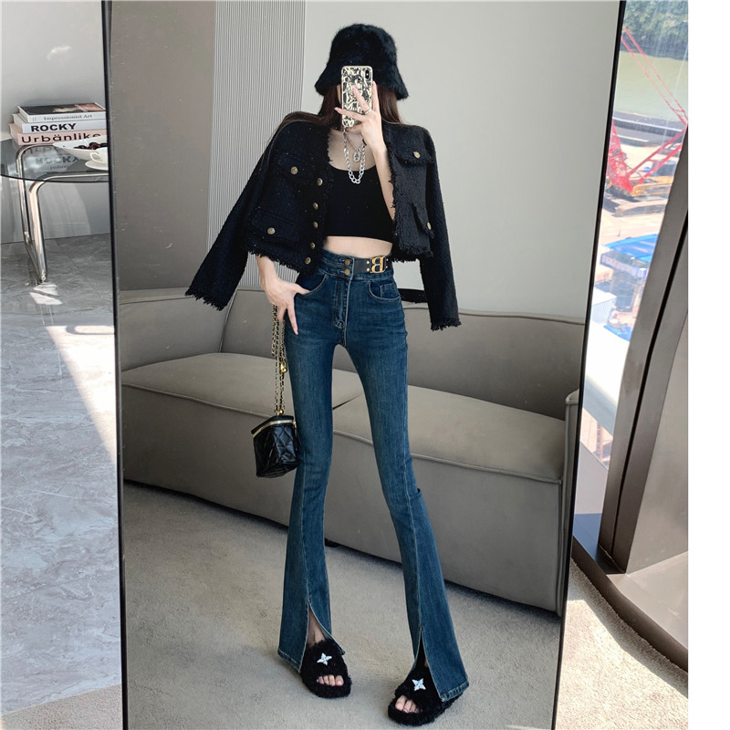 Real shot plus velvet retro slit non-standard high-waist elastic slim-fit flared trousers mopping trousers 2022 autumn and winter