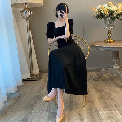 Black dress women's summer 2022 new French retro square neck waist slim Hepburn style long skirt