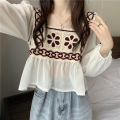 Real price: Spring 2021 New Retro and versatile, loose square neckline, crochet stitched long sleeve blouse