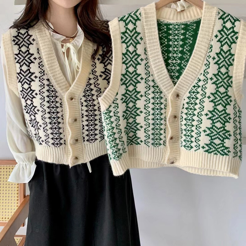 Wu 77Fu ancient contrast pattern sweater vest Korean version loose and thin V-neck jacquard thread sweater cardigan women