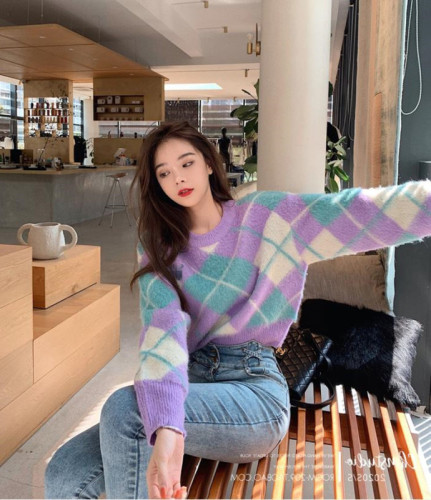 Qianfu family monster Lingge soft glutinous Pullover Sweater women's long sleeve top loose mohair sweater