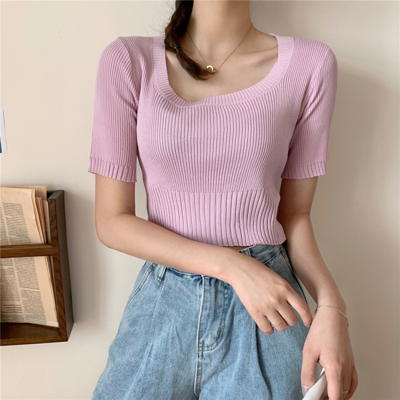 Real photo real price retro small square collar slim knitting Short Sleeve T-Shirt Top Female