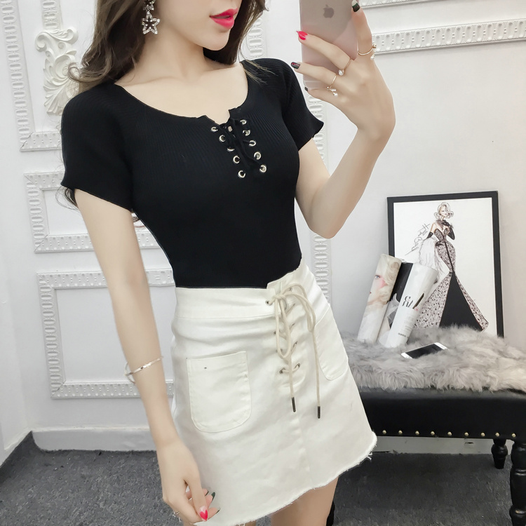 Real photo summer new cross tie at the front of women's short sleeve T-shirt solid top women