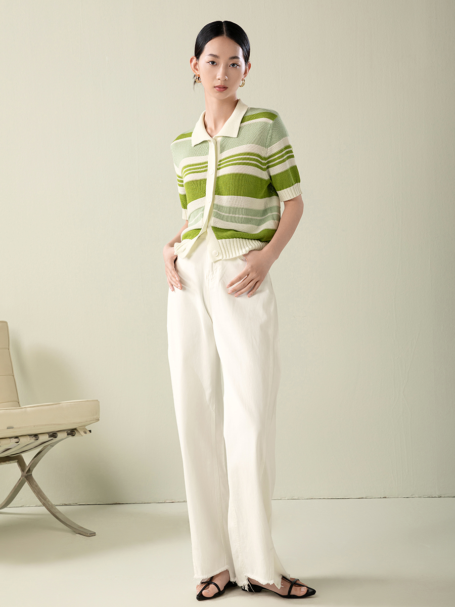 Color contrast stripe polo collar short sleeve knitted cardigan women casual slim Lapel top women