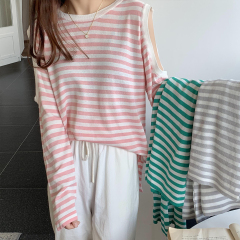 Real shooting real price careful machine off shoulder thin ice stripe loose sunscreen Shirt Long Sleeve Shirt air conditioning blouse