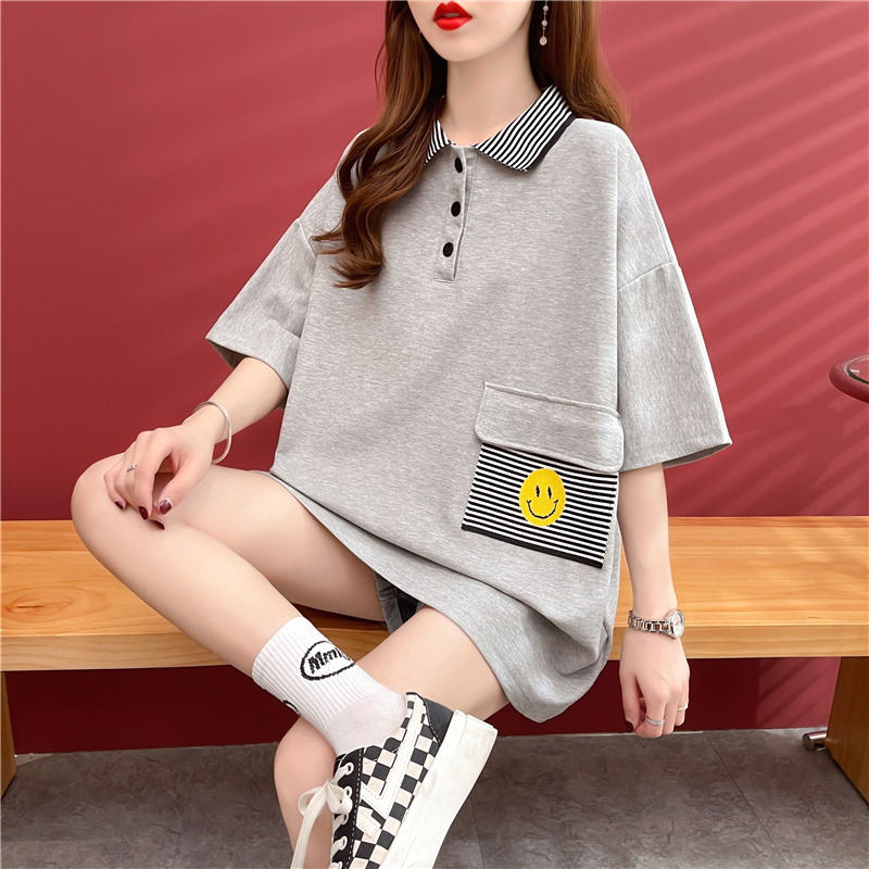 Real shot summer Korean version of loose back bag collar Piqué POLO collar large size women's top T-shirt women