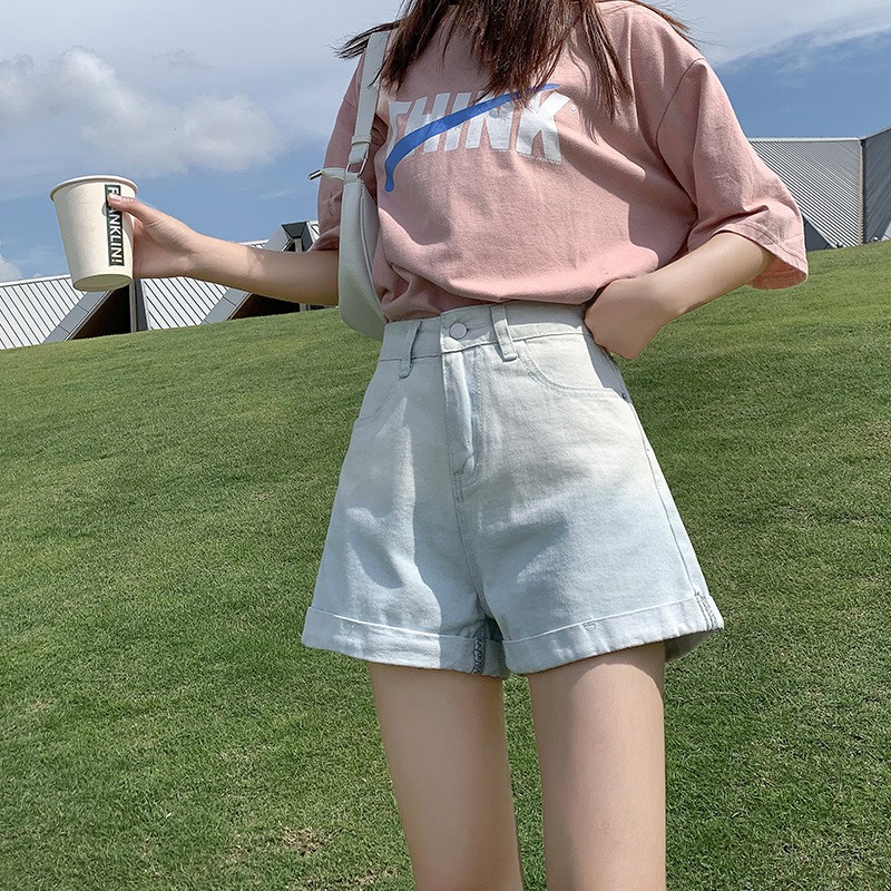 Real shot gradient denim shorts women's summer thin new fashion high waist loose casual three-part pants hot pants trend