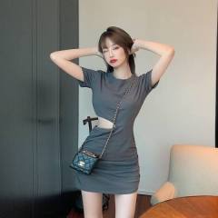 Sexy waist new slim short sleeve dress women's summer dress solid high waist pleated Hip Wrap Skirt women's dress