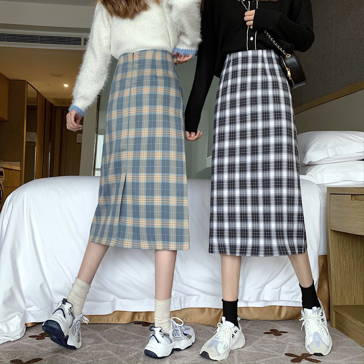 Real price ~ Hong Kong Style plaid skirt mid length Retro High Waist A-line split hip skirt shows thin skirt