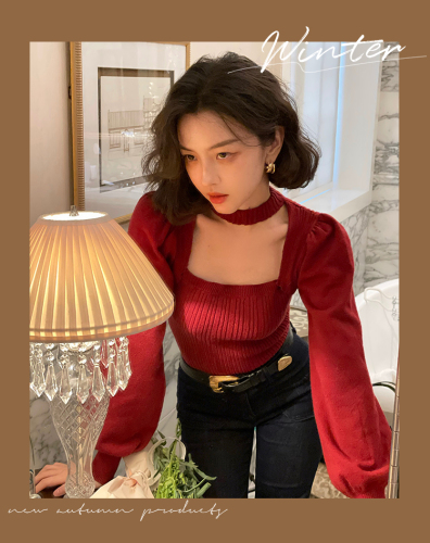 Hong Kong style retro winter new red hanging neck square neck wool sweater with thin bottomed blouse inside the pit strip