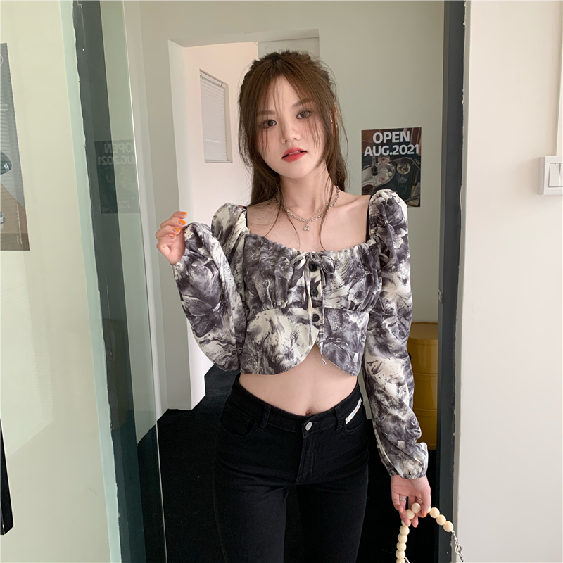 Real Price Square Collar Retro Puff Sleeve Long Sleeve Short Tie Dye Shirt