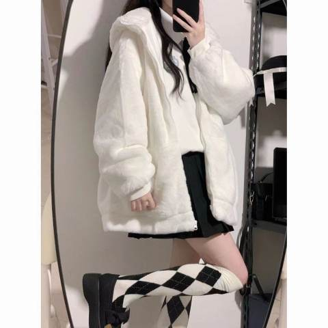 280g milk huhu rabbit fur plush jacket women's cardigan winter loose lazy wind hooded ins tide